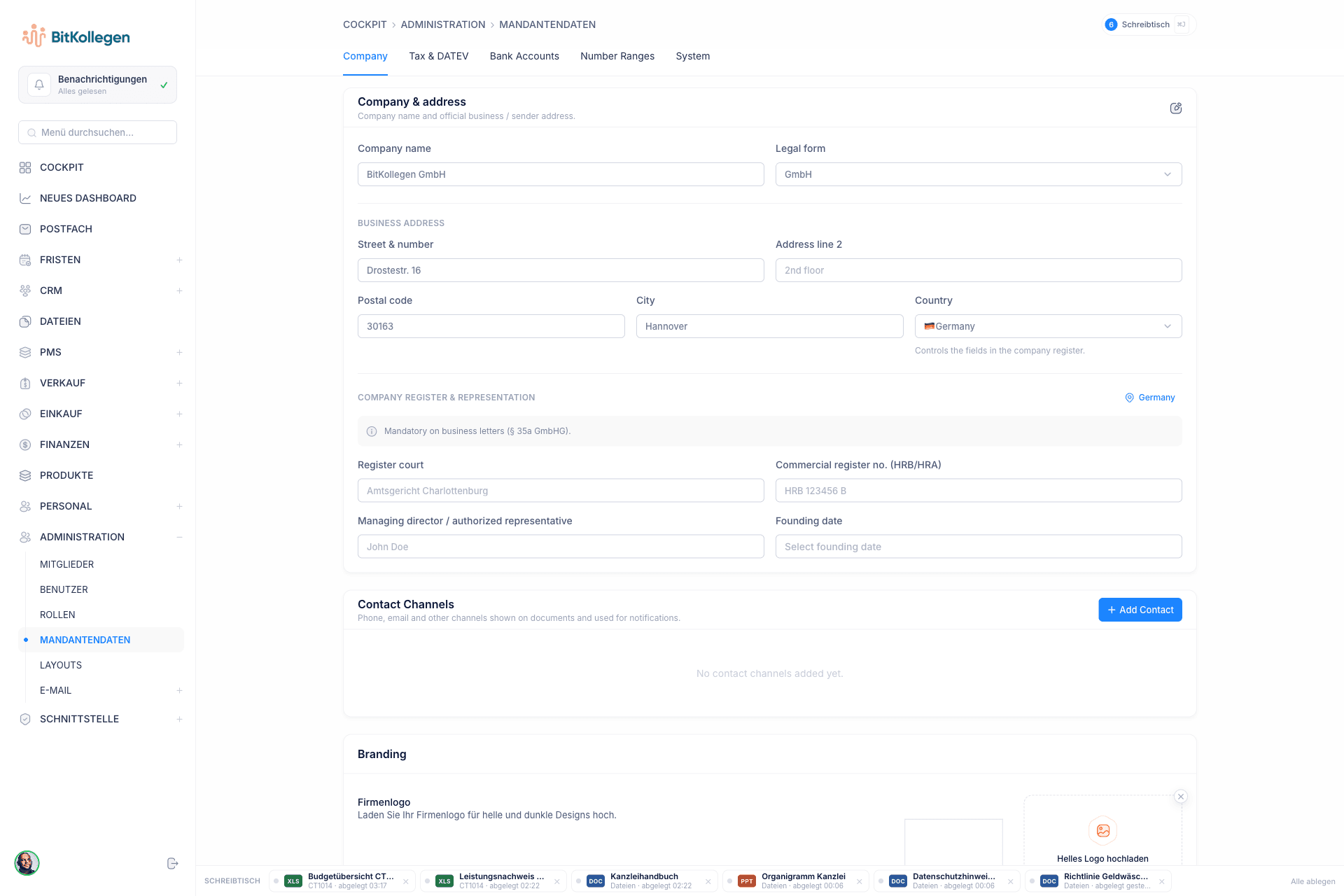 DeskGenie: Mandantendaten: Firma, Steuer, Bankkonten, Nummernkreise, Branding