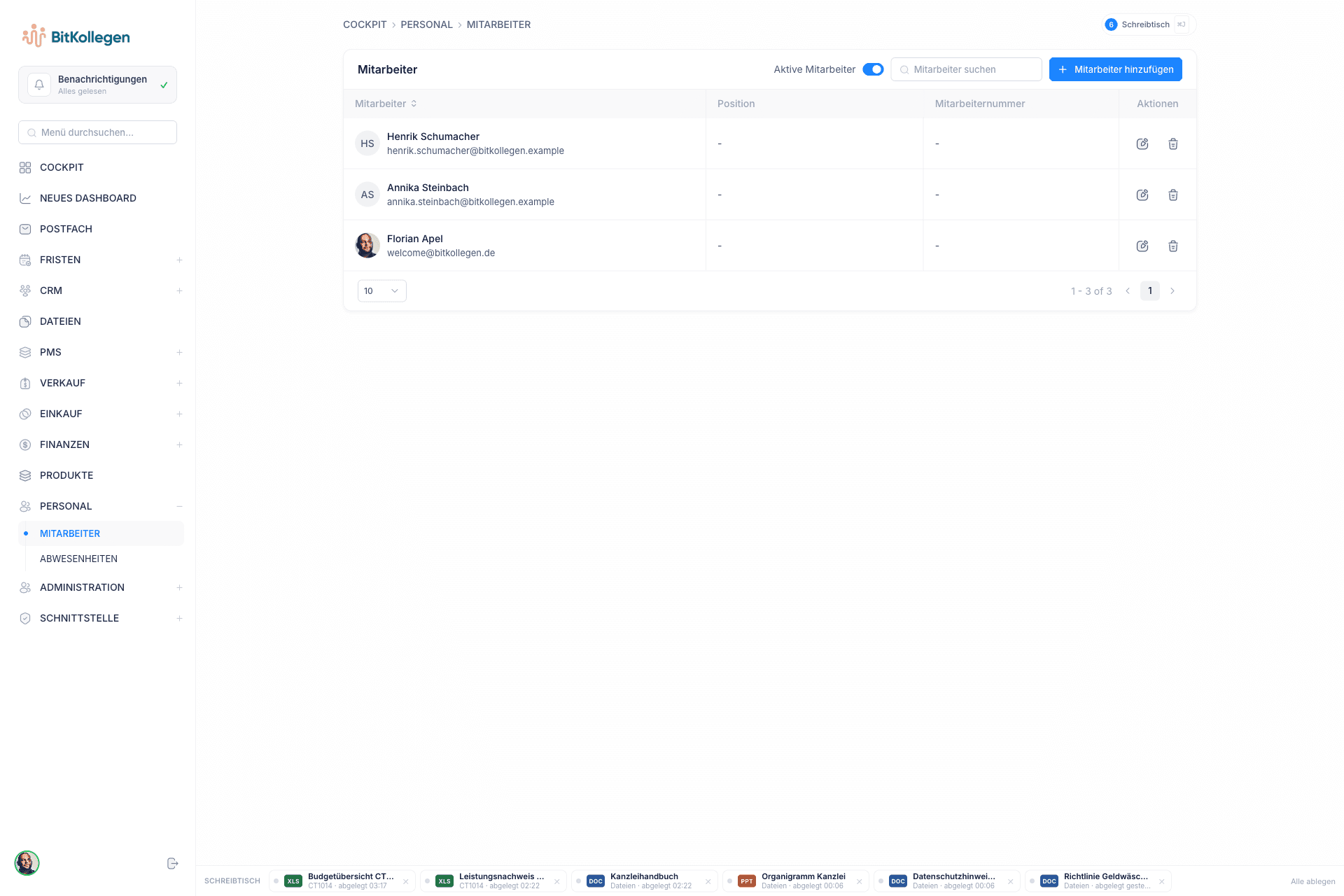 DeskGenie: Mitarbeiterliste mit Rollen und Kontaktdaten