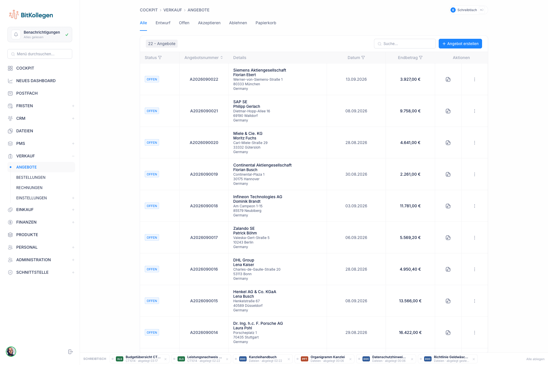 DeskGenie Angebote: Angebotsliste mit Status, Kunde und Endbetrag