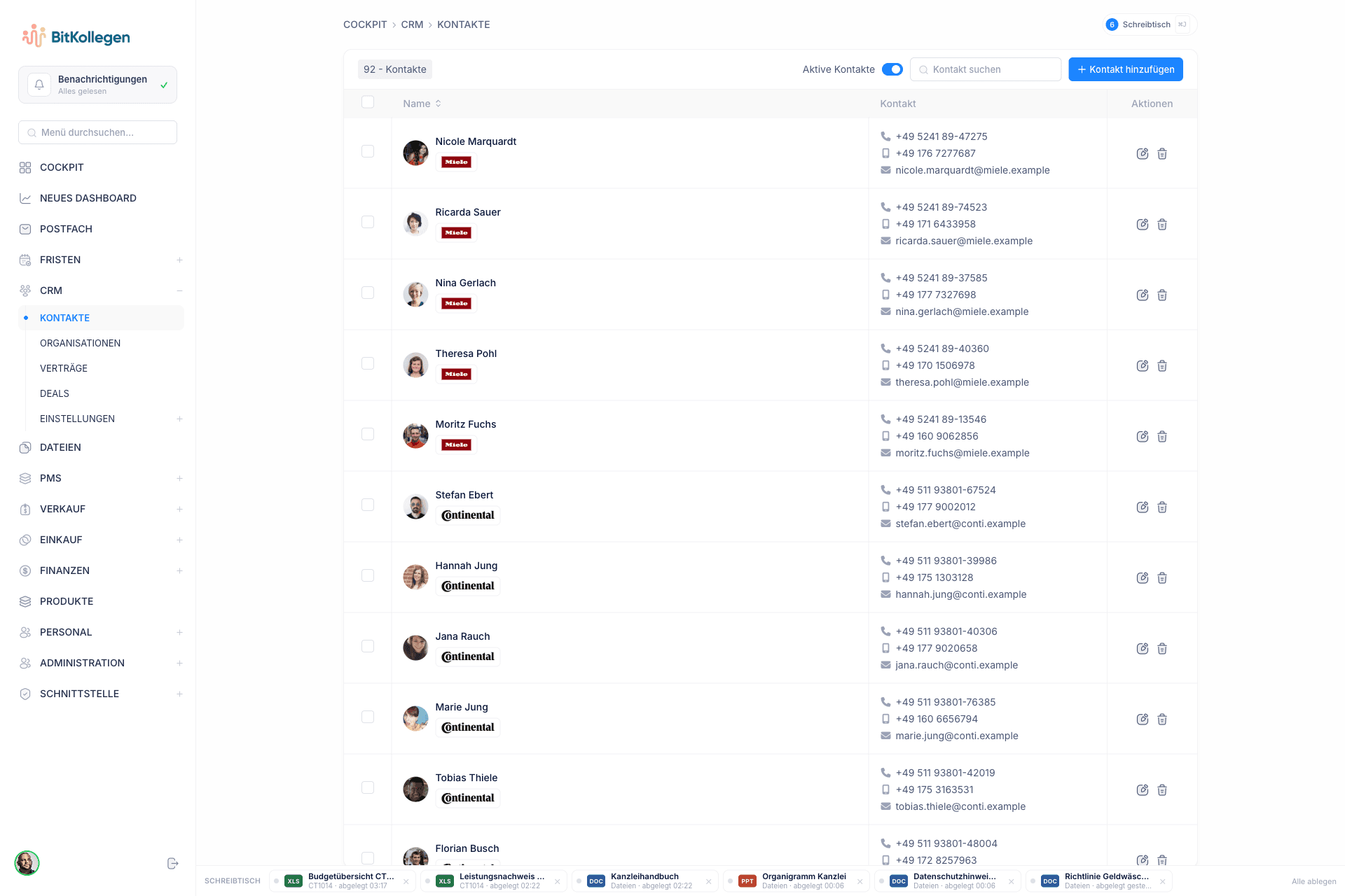 DeskGenie CRM: Kontaktliste mit Organisation, Telefon und E-Mail