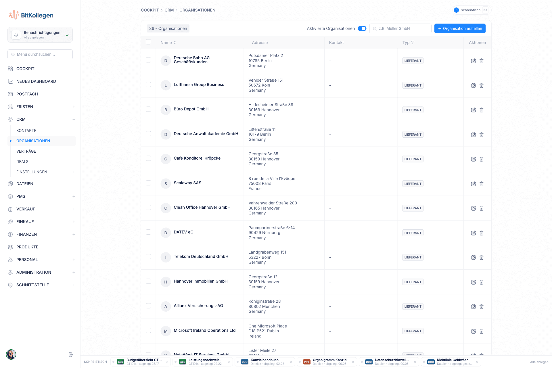 DeskGenie: Organisationen mit Typ, Adresse und Kontakt
