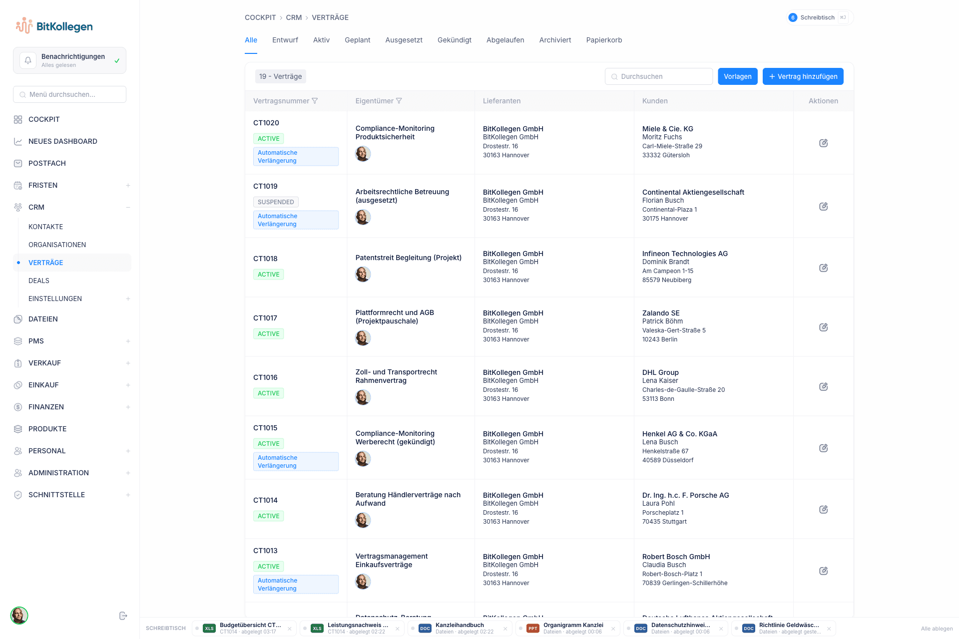 DeskGenie Vertragsverwaltung: Vertragsliste mit Status, Laufzeit und Kunde